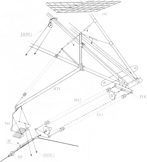 Схема доставляння монтерського сидіння до проводу за допомогою поворотної консолі