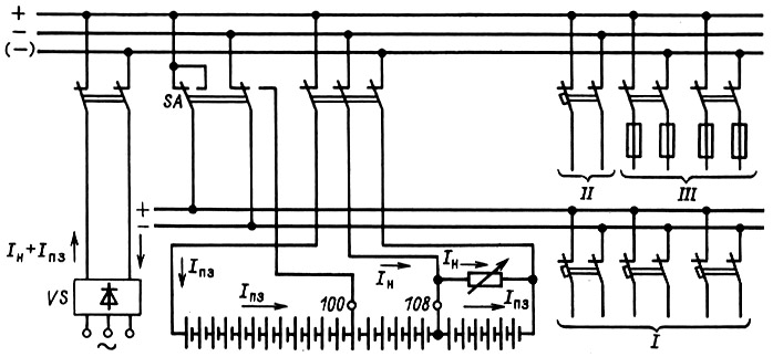 Схема аккумуляторной установки без элементного коммутатора, работающей в режиме постоянного подзаряда
