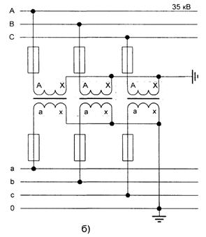 Схемы включения и примеры обозначения обмоток однофазных и трехфазных ТН